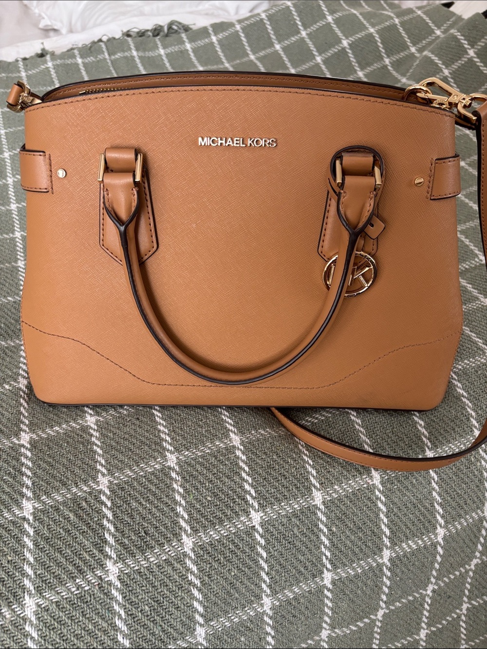 MICHAEL KORS Caramel Saffiano Leather Satchel with Gold Hardware